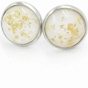 NEW Minimalist Round White & Gold Speckled Opal Stainless Steel Stud Earrings